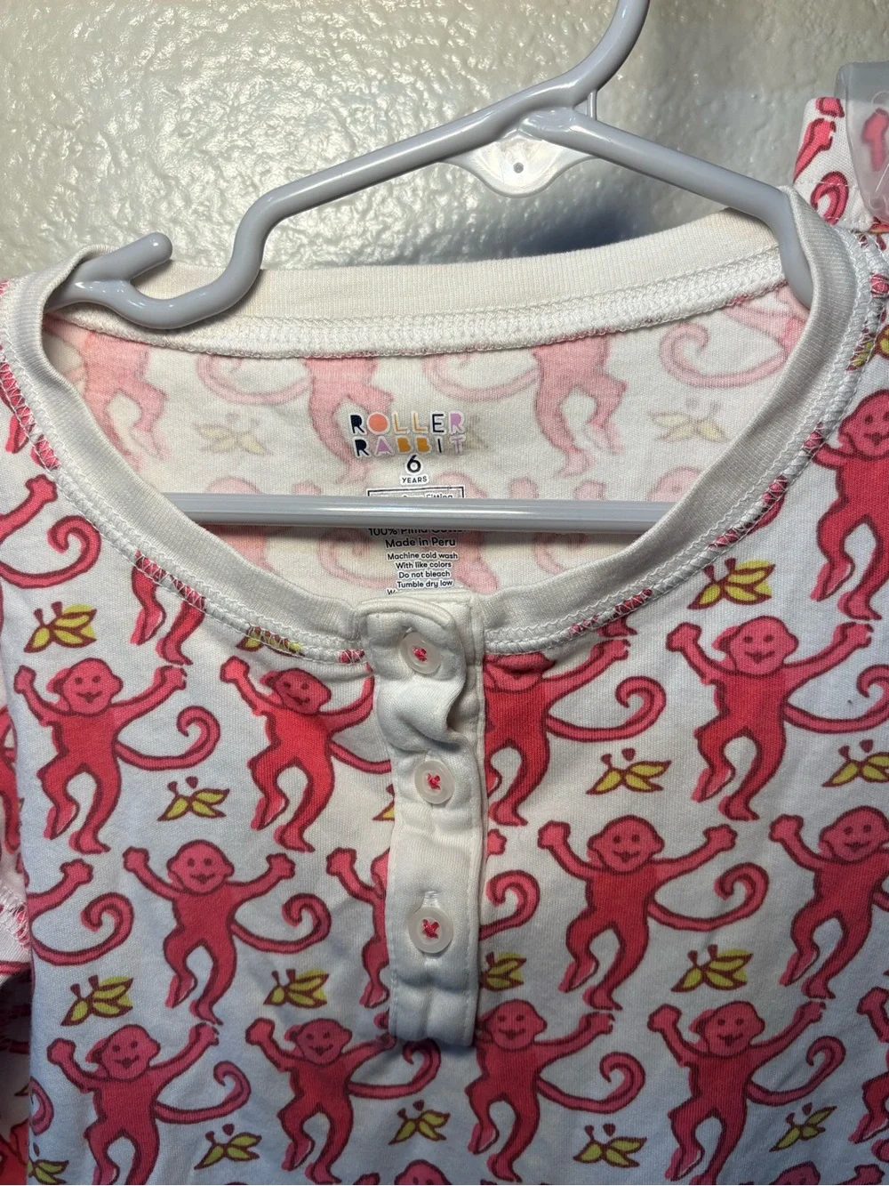 Roller Rabbit Kid’s Pajama Set PINK  Monkey Size 6 Pima Cotton Made In PERU